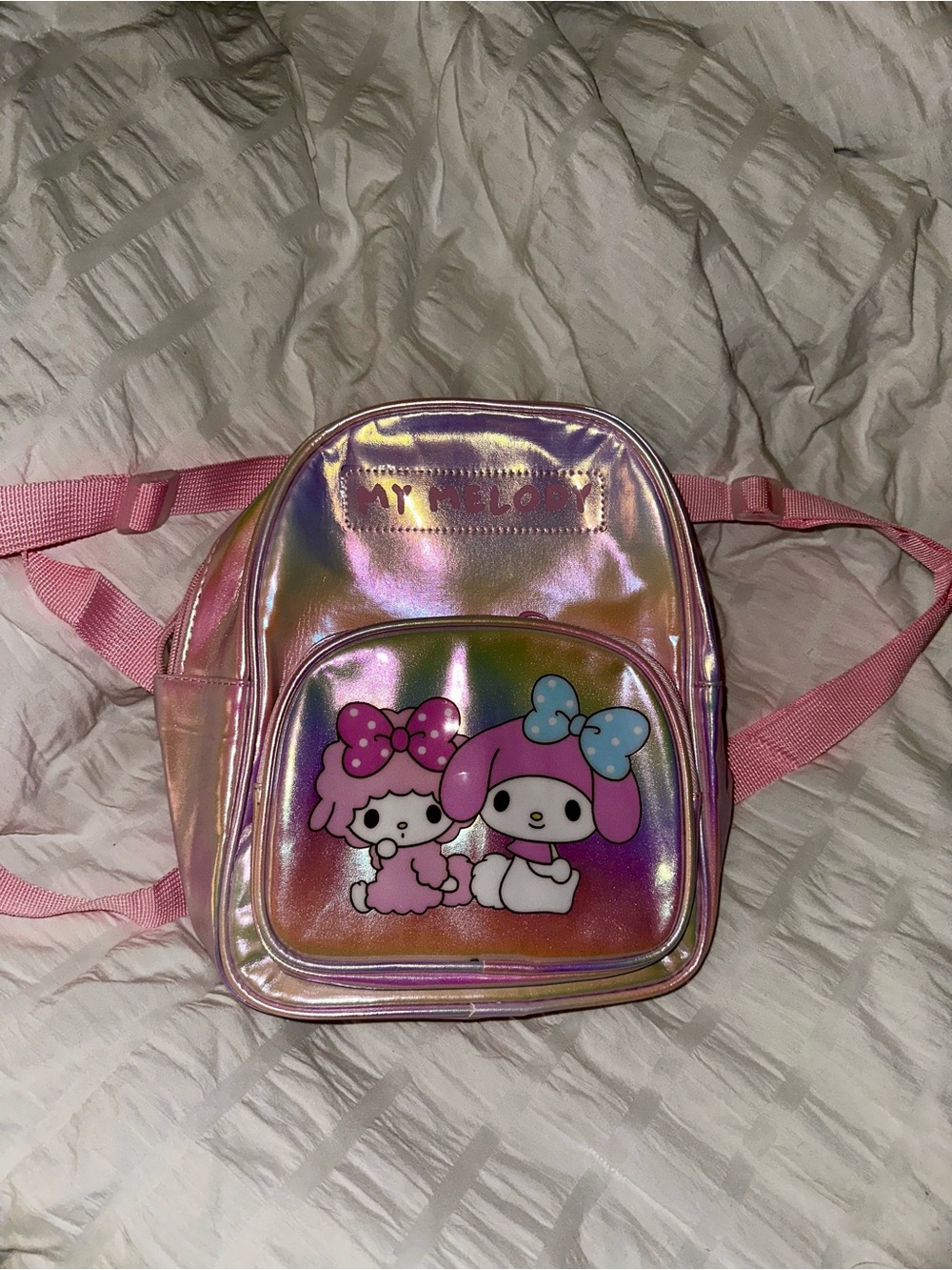 Holographic Pink Kids Mini Backpack with Cute Character Print